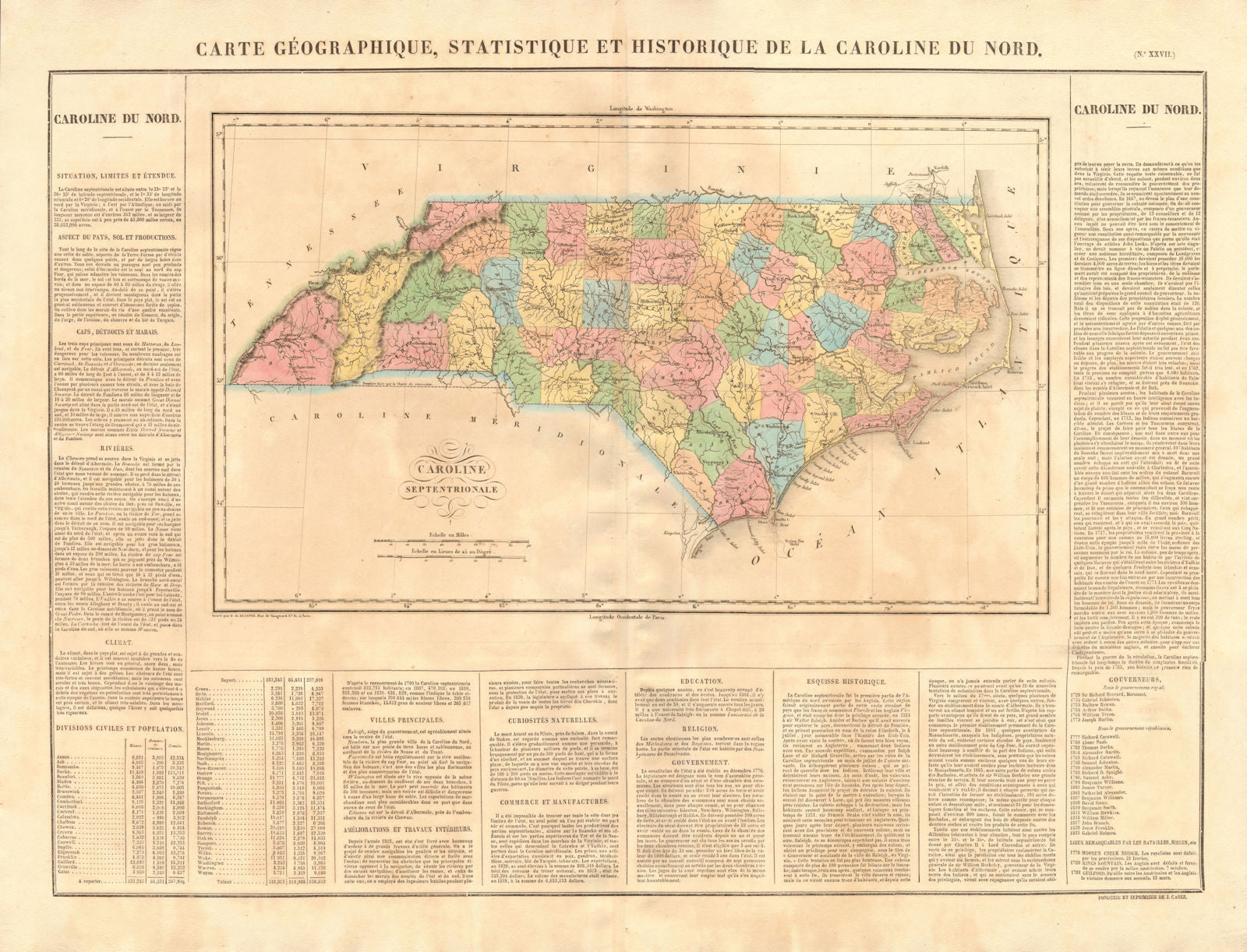 'Caroline du Nord'. North Carolina antique state map. Counties. BUCHON 1825